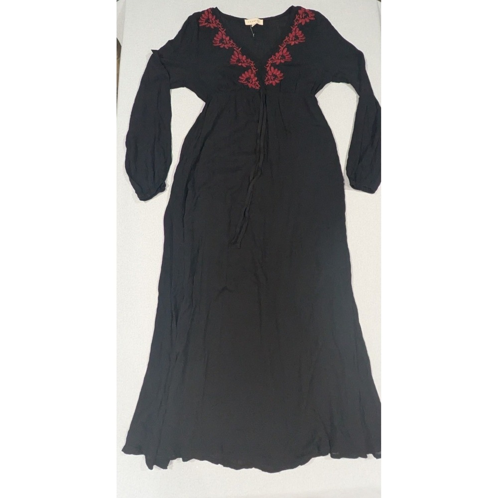 Promesa Maxi Dress Women Small Black Excellent Embroidered V-Neck Boho JDE8367
